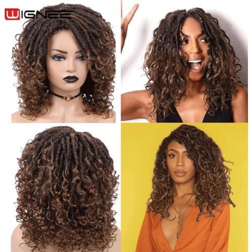 Wignee Short Synthetic Wigs Black to Brown Curly for Black Women Braiding Crochet Twist Faux locs Afro Fake Hair American Wigs
