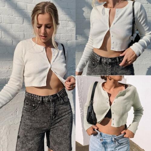 Women Long Sleeve Knitted Button Shirt Ladies Baggy Blouse Solid T-Shirt Exposed Navel Tops
