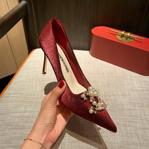 Woman Satin Pearl Rhinestone Upper Pumps Pointed Toe High Colorful Square Heel Wedding Shoes