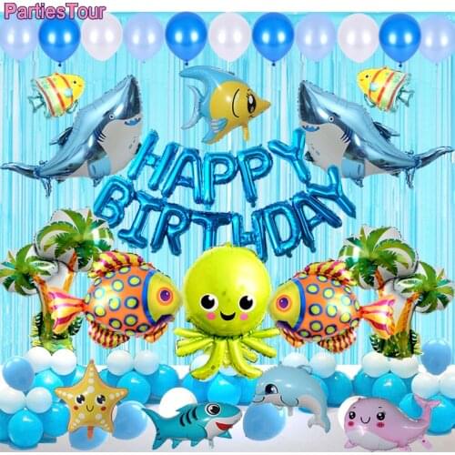 Shark Balloons Happy Brithday Banner Shark Animal Party Baby Birthday Shark Ocean Theme Ballons Kids Birthday Favors Decortions
