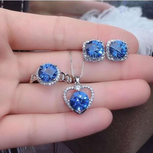 High Quality Blue Topaz Ring Earrings Heart-shaped Pendant Necklace Set S925 Silver Fine Wedding Jewelry for Women Free Shipping