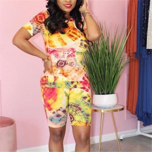 2020 New Summer Women Outfits Tie Dye Printed 2Pcs Tracksuits Female Gym Fitness Clothes Short Sleeve T-Shirt Bodycon Shorts Set