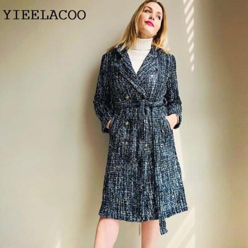 Womens Coat Long Navy blue sequins fabric spring / autumn /winter jacket Tweed Business ladies one piece jacket coat