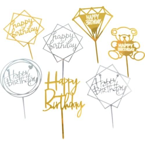 Gold Silver Acrylic Cake Toppers Happy Birthday Cupcake Topper Flag Dessert for Kids Adult Birthday Party Decoration Supplies