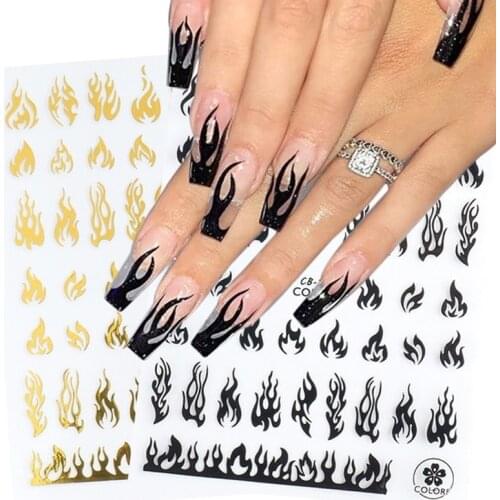 3D Fire Flame Nail Art Sticker Nails Foil Gold Black White Self Adhesive Nail Stickers Manicures Decals DIY Nail Art Decorations