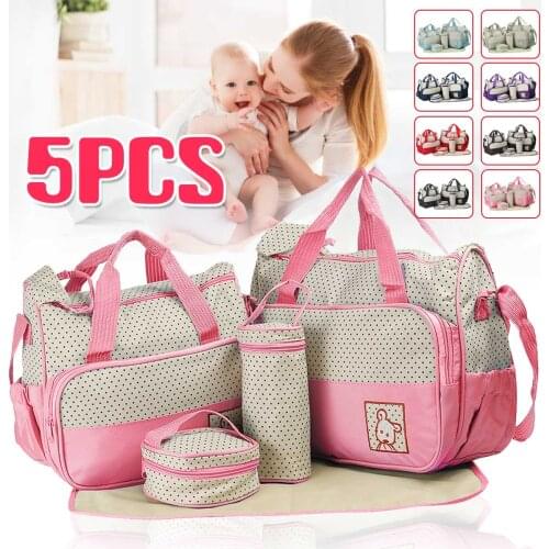 5PCS Mother Maternity Baby Diaper Bag Large Capacity Food Bottle Mat Mummy Nursing Shoulder Bag Handbag Baby Nappy Stroller Bags