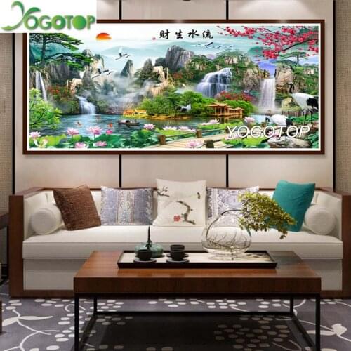 Mountain waterfall sunrise diy Diamond Painting wealth natural scenery Full Diamond Embroidery Mosaic Rhinestone lotus YY3326
