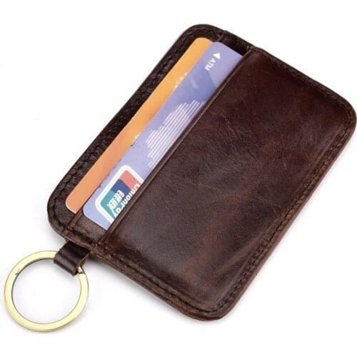 Key Ring Genuine Leather Thin Card Case Mens Front Pocket Card Holder Purse Slim Wallet Men Mini Coin pocket
