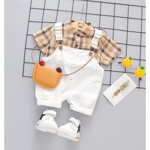 2021 Childrens Clothing Summer Short Sleeve Plaid Shirt Strap Girls' T-shirt Set