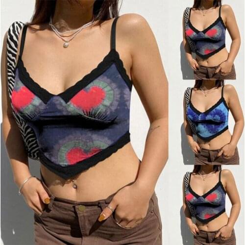 Women Spaghetti Top Sexy V-Neck Backless Slim Camisole Harajuku Gradient Heart Print Lace Trim Vest Shirts