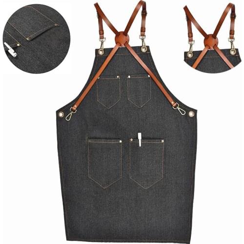 Denim Bib Apron Leather Strap Barista Baker Work Uniform Bartender Bbq Chef Cook
