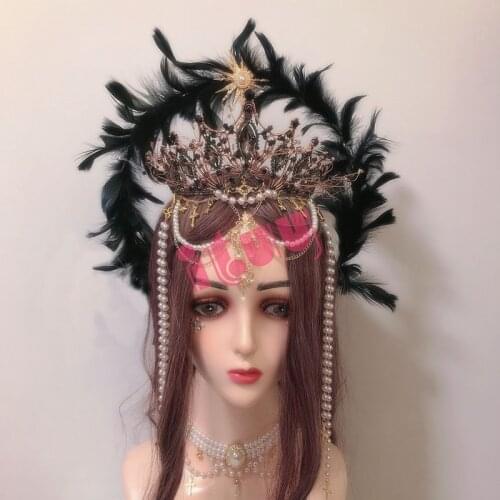 Halo Crown Headpiece Lolita KC Gothic Black Angel Feather Wings Halo Crystal Crown Goddess Queen Halloween Headdress Accessories