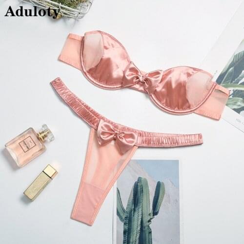 Aduloty Womens New Style Bow Decor Satin Lingerie Set Transparent Lace Stitching Bra Sexy Underwear and Panties Mesh Thong