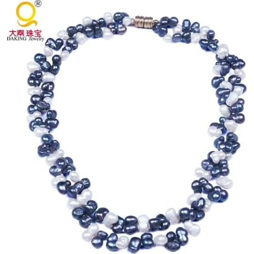 Beautiful double pearl choker necklace with magnetic clasp handmade knotted black and white baroque pearl jewelry