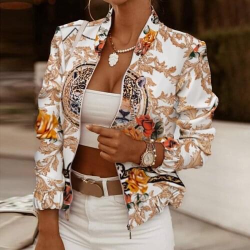 2021 Flower Print Long Sleeve Womens Bomber Jacket Fashion Zipper Up Vintage Coat Tops Elegant Slim Basic Ladies Jackets