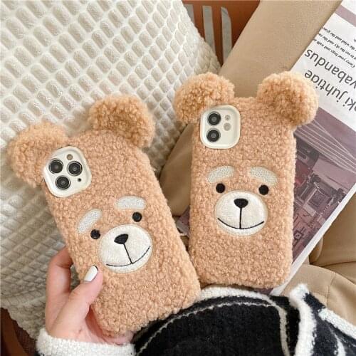 Cute Plush Bear Warm Phone Case for iPhone 11 Pro Max X XR XS 7 8 plus Cute Back Cover for iPhone 12 Funny Cartoon Soft Case #E0