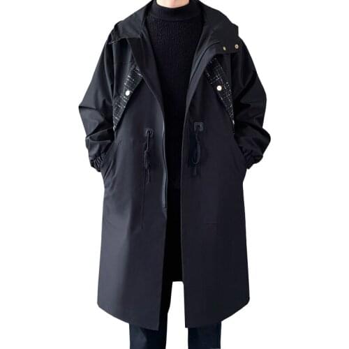Men Trench Coat With Hood Black Mid Long Casual Men Clothing