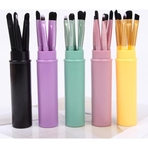 5pcs Round Barrel Eyes Makeup Brushes Set Travel Portable Smudge Eyeshadow Eyeliner Eyebrow Brush Lip Brushes Kit Makeup Tools