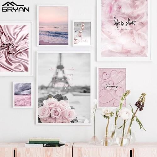 Pink Landscape Rose Paris Feather Wall Art Canvas Painting Romantic Ferris Wheel Beach Prints Posters Flowers Decoration Picture
