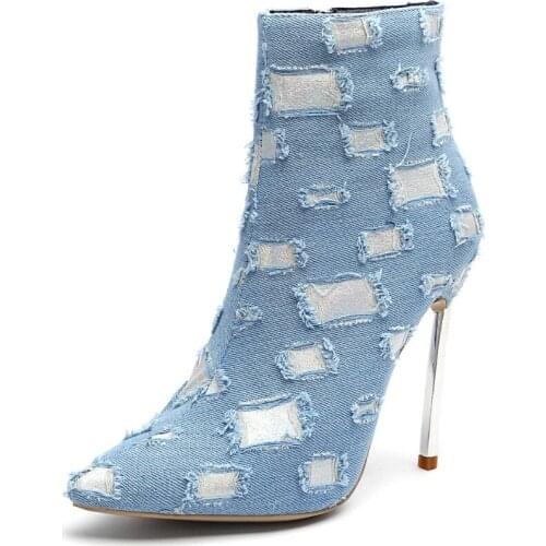 New Winter Women Frazzle Denim Blade High Heels Ankle Boots Plush Inside Boots Gladiator Retro Cowboy Pointed toe Short Boots