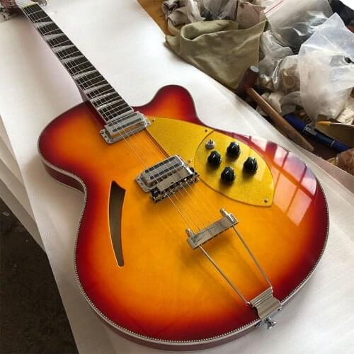 Factory direct sales of single-pole 360 electric guitar, red paint, hollow electric guitar, white mosaic, package freight