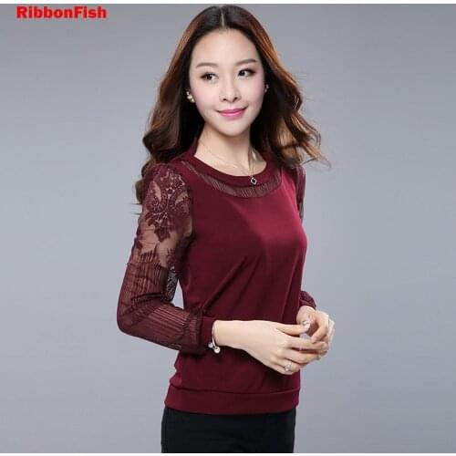 RibbonFish Women Autumn Spring Style Lace Blouses Shirts Lady Long Sleeve Hollow out Flower Embroidery O-Neck Blusas DD1417