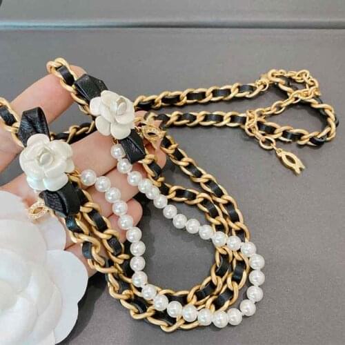 Handcraft 2021 Runway Workshop Camellia Flower Belt Waistband Decorative Pearl Sheepskin Weaving Luxury Waist Chain
