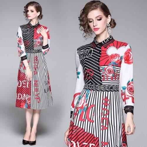 Spring Summer Autumn Runway Vintage Floral Striped Print Collar Long Sleeve Women Ladies Party Casual A-Line MIdi Beach Dress