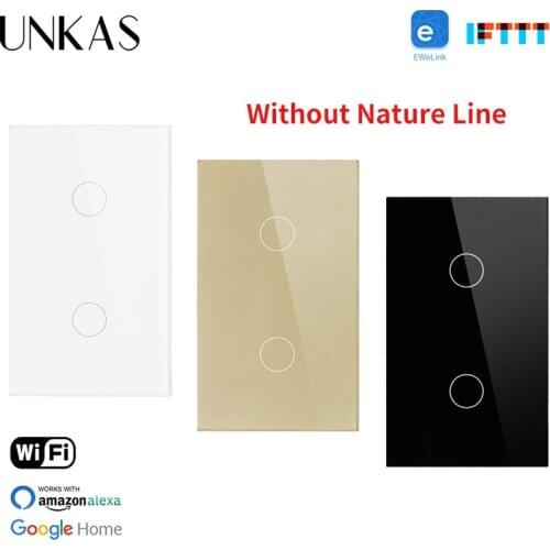 UNKAS 2 Gang Glass Panel US Standard Smart Wifi Wall Touch Switch Automation Wireless By Ewelink APP Single Fire Line Switch