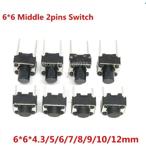 1000Pcs 2P Tactile Switch Push Button Switches 6x6x4.3/5/6/7/8/9/10/12mm 6*6*5mm Middle pin 2pins