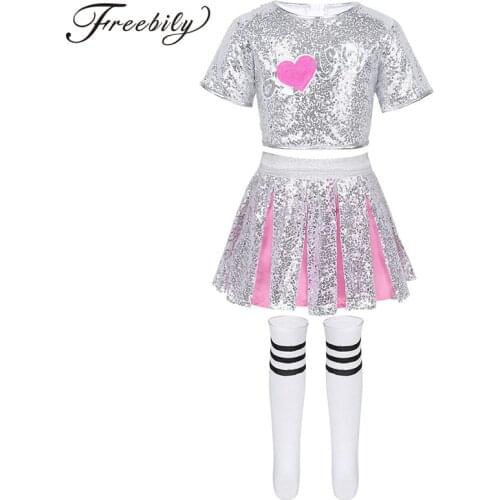 Kids Cheerleader Dancewear Shiny Sequins Crop Tops with Skirt Socks Outfit Girls Stage Performance Hip Hop Jazz Dance Costume