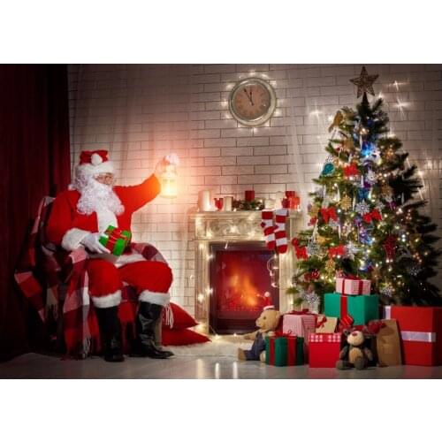 VinylBDS Backdrop Christmas Tree Brick Background Santa Claus Indoor Decorative Fireplaces For Baby Christmas Photography