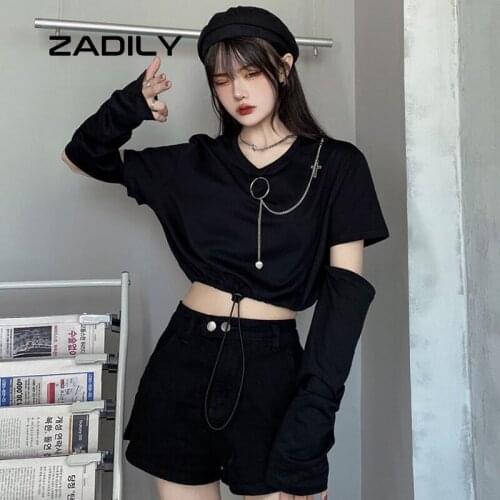 2021 Summer Sweet Style Solid Color Women T Shirt Gothic Removable Sleeve Chain Crop Top Y2K O Neck Fashion Female Clothing