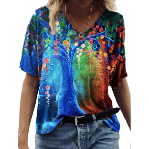 3D Tree Plant Flowers Print T Shirt Women Summer Casual Loose Plus Size Tops Street Ladies Short Sleeve V-Neck Tee Top