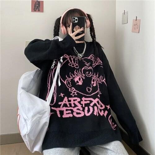 2021 Japanese Cartoon Jumper Women Sweaters Harajuku Streetwear Spring Pullovers Loose Fashion Casual Jerseys Gothic Mujer y2k