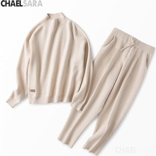 Autumn Winter Wool Knitted Pullover Sweatshirts Women 2 Piece Set Knit Sport Pants Suit Casual Tracksuit Female Two Piece Sets