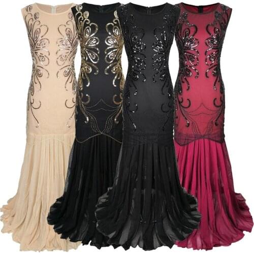 S-XL 1920s Women Vintage Great Gatsby Dress 20s Flapper Party Formal Dress Sexy O-Neck Sleeveless Beaded Sequin Mesh Long Dress