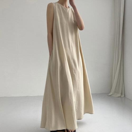 Summer Sleeveless Vest Dress Cotton Linen Ankle-Length Vestidos De Mujer 2021 On Vacation Beach Casual Solid Color Robe Dresses