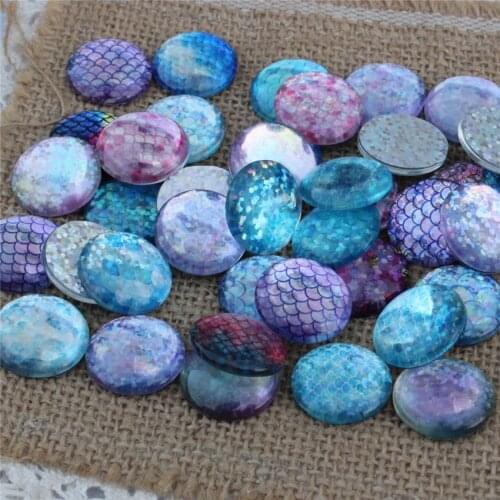 25mm Random Mixed Flash Colorful Fish Scales Round Glass Cabochon Flatback Photo Dome Jewelry DIY Accessories Tray 10pcs
