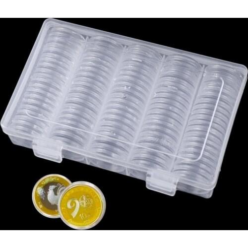 100Pcs Clear 25mm Coin Capsules Holder Display Case Holder with Storage Organizer Box for Coins Container Collection Supplies