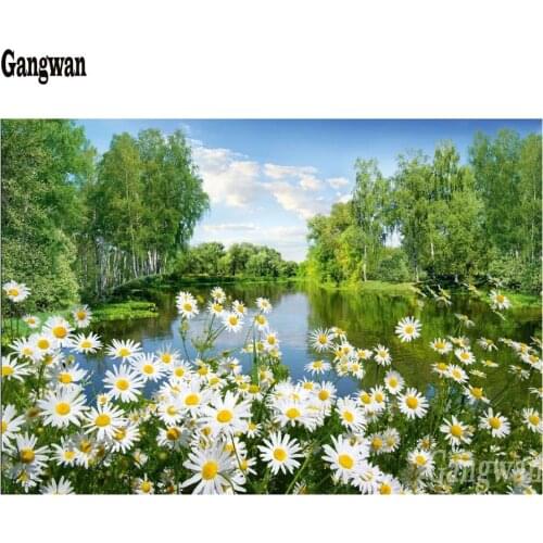 5d Square Round Diamond Embroidery Green forest lake Daisies scenery Diy Diamond Painting Cross Stitch Home Decor Diamond Mosaic
