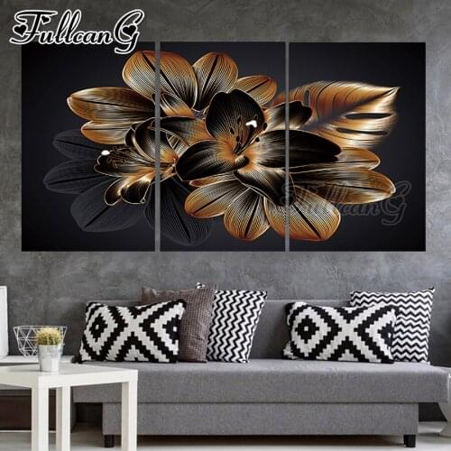 FULLCANG 5d diy diamond embroidery nordic golden abstract lily flower painting triptych full square round drill decor FC3385