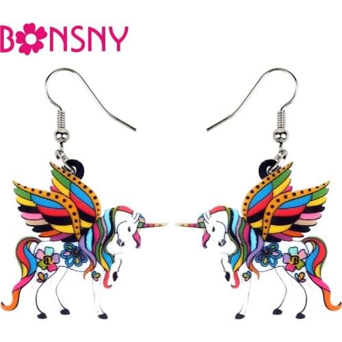 Bonsny Acrylic Elegant Floral Unicorn Flying Horse Earrings Dangle Drop Novelty Fairy Holy Animal Jewelry For Women Girl Brincos