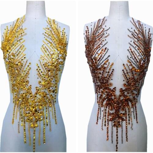 Pure hand made golden/brown sew on Rhinestones applique on mesh patches trimming 57*32cm dress accessory
