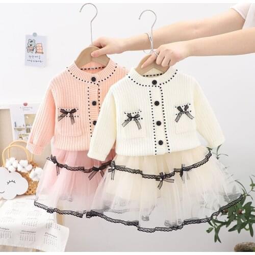 Childrens Sweater Set Fashion Korean Style Knitted Yarn Sets Girls Sweater Cardigan Two Pieces Autumn Kids Toddler Clothes