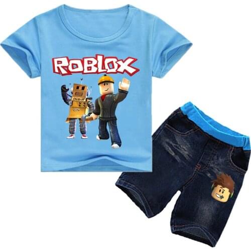 Fashion New Summer Baby Boy Clothes Cartoon ROBLOXONG Print Kid Girl Children Cotton Top Tee Short Sleeve T Shirt+Jeans 2Pcs Set