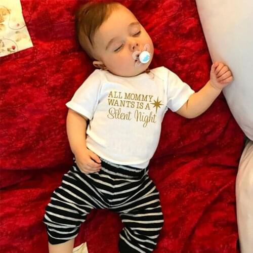 Newborn Baby Girls Boys Short Sleeve Letter Print All Mommy Wants Is A Silent Night Cotton Romper Jumpsuit Baby Clothes
