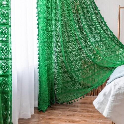 Junwell American Country Style Handmade Cotton Lace Thread Crochet French window curtain Hollow Finished Decorative Curtain
