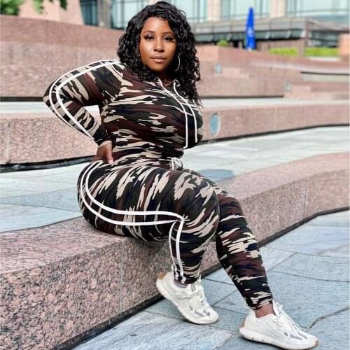 Ueteey New Two-pieces Casual Hood Collar Camouflage Print Two-piece Pant Set