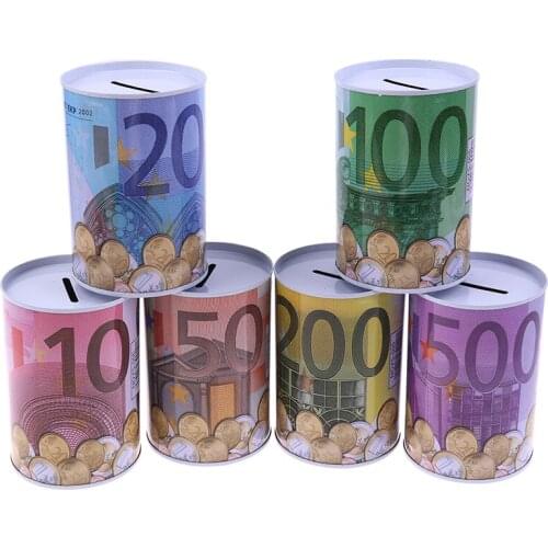 Euro Dollar Metal Cylinder Piggy Bank Saving Money Box Home Decoration